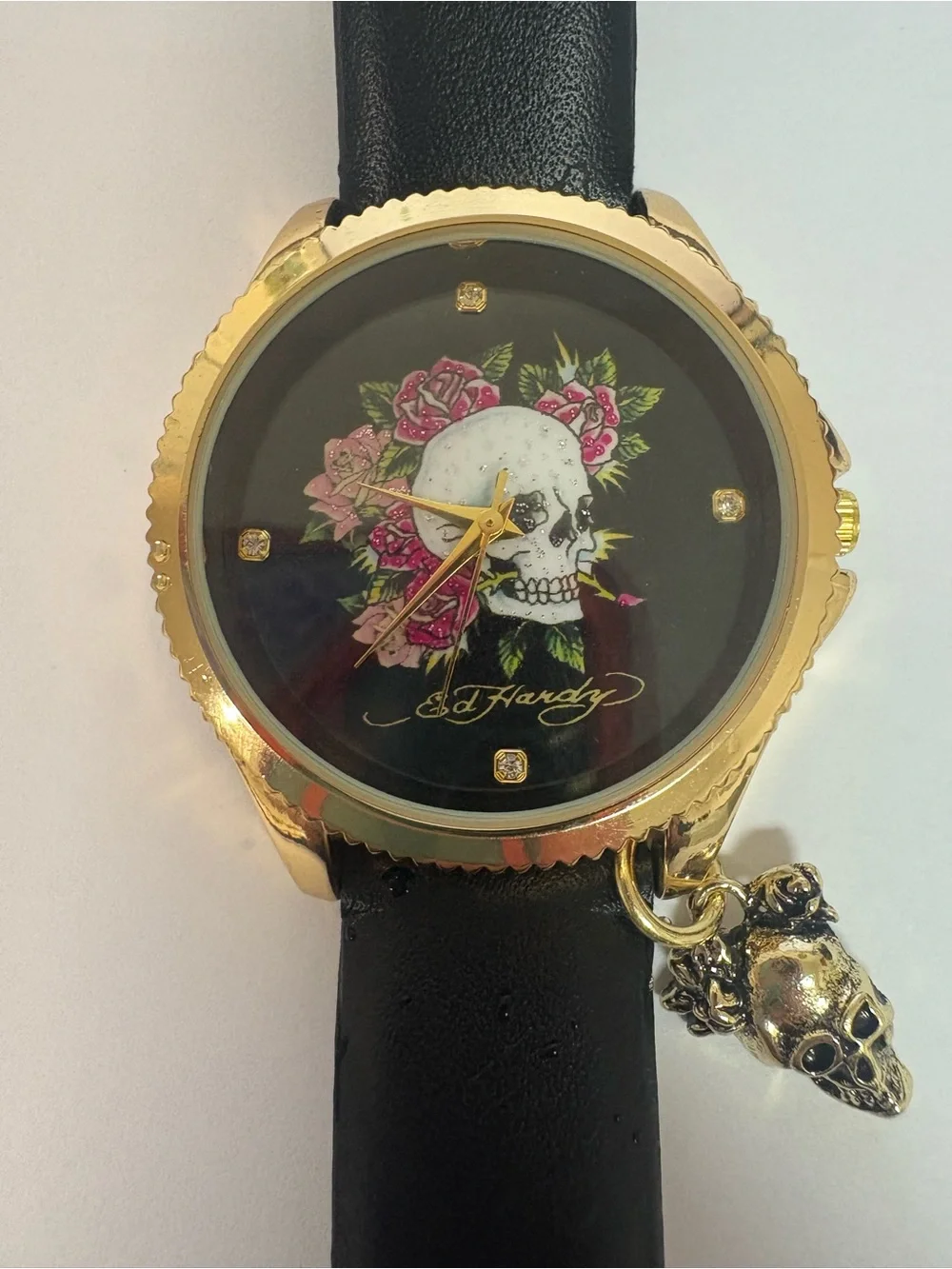 Ed Hardy Black Strap Watch with Floral Dial and Pink Details